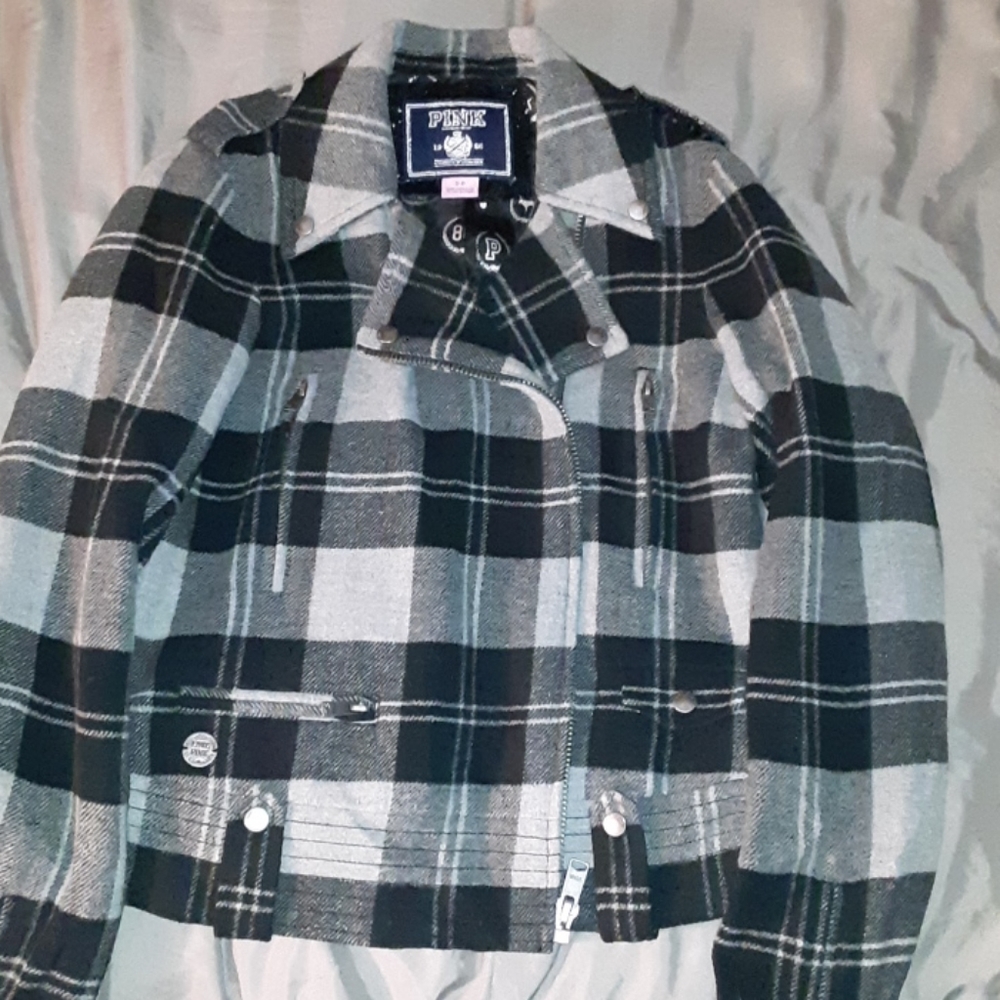 Victoria's Secret PINK Gray/Black Plaid Coat Small